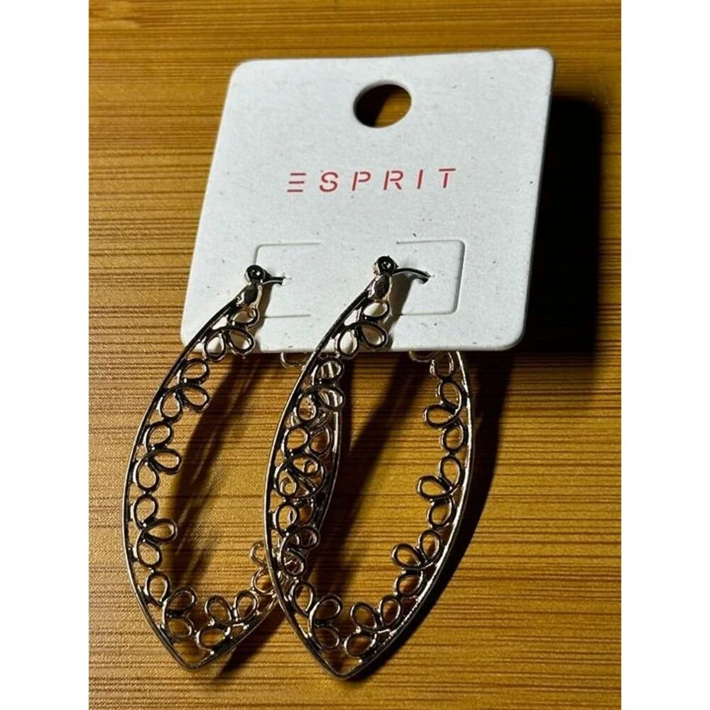 ESPRIT Gold Tone Filigree Teardrop Marquise Hoop Earrings Boho New Pair